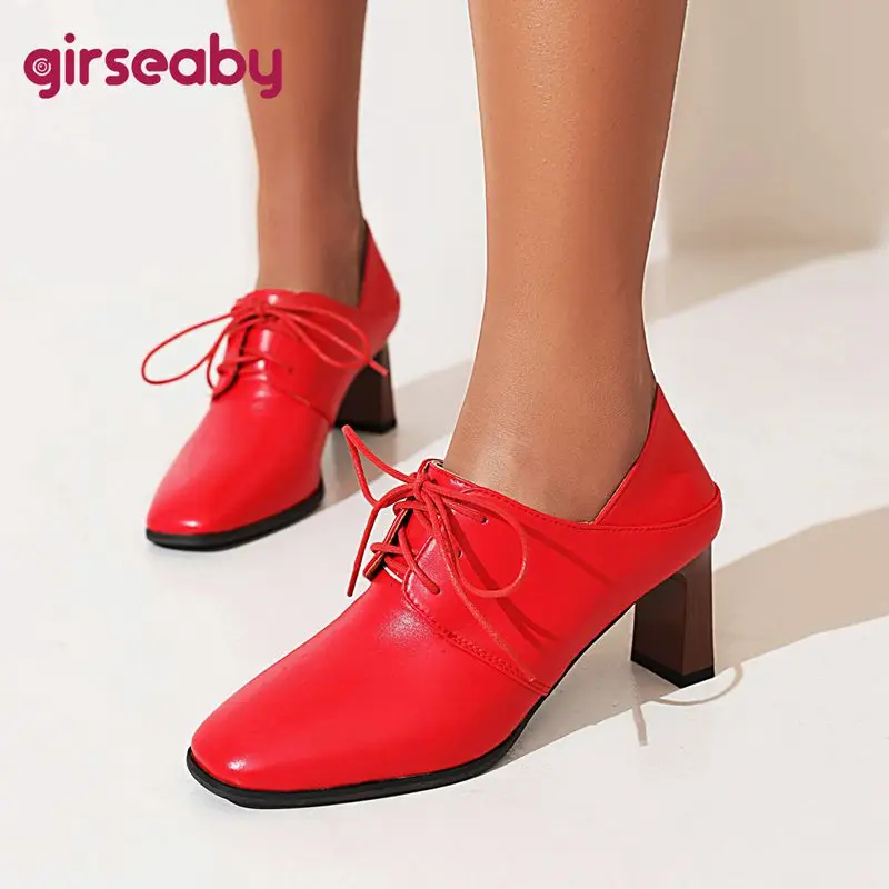 

Girseaby 2025 New Design Office Ladies Pumps Square Toe Block Heels 6.5cm Lace Up Plus Size 41 42 43 Soft Daily Women Shoes 33