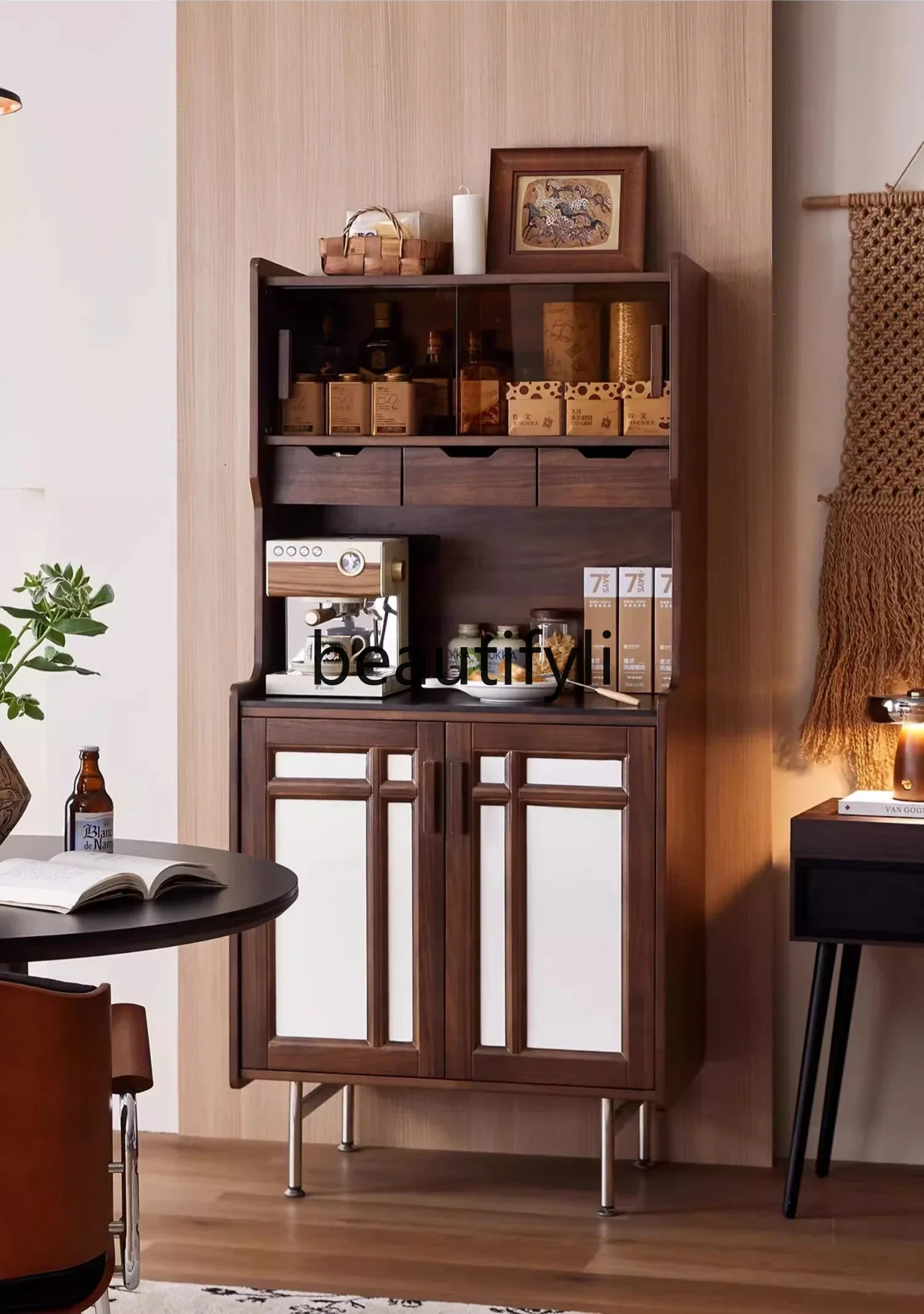 CC Vintage Solid Wood Rock Slab Sideboard Wall-Mounted Integrated Storage Small Apartment Entryway Coffee Cabinet
