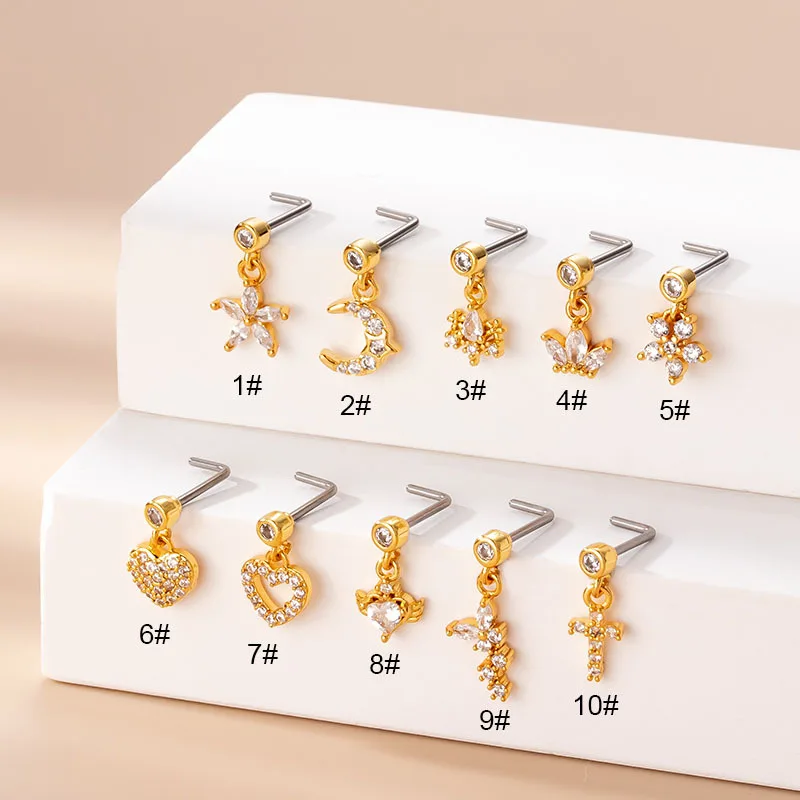 

1PC Butterfly Flower Heart Pendant Dangle Nose Studs Ring Stainless Steel Zircon Indian Nose Rings Screw Nose Piercing Jewelry