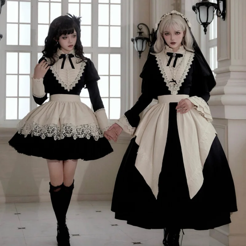 Vestido gótico lolita freira preta longo vestido curto op com mangas avental combinações múltiplas