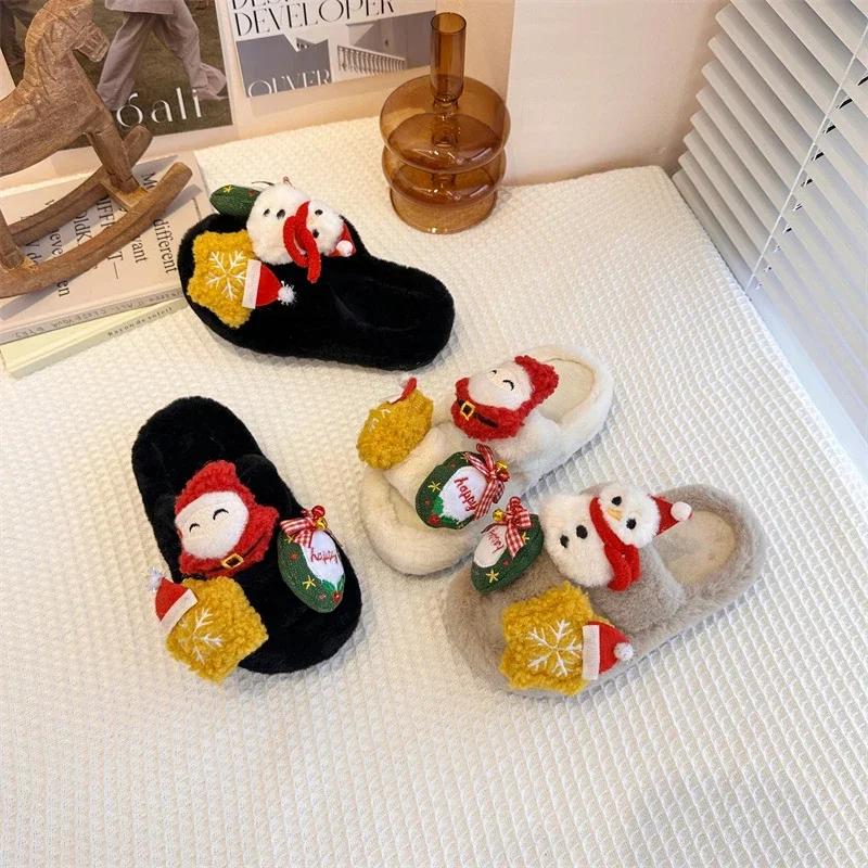 

2026 Winter New Children's Plush Slippers Fashion Cute Slippers Santa Claus Warm Children's Open Toed Home One Line Drag