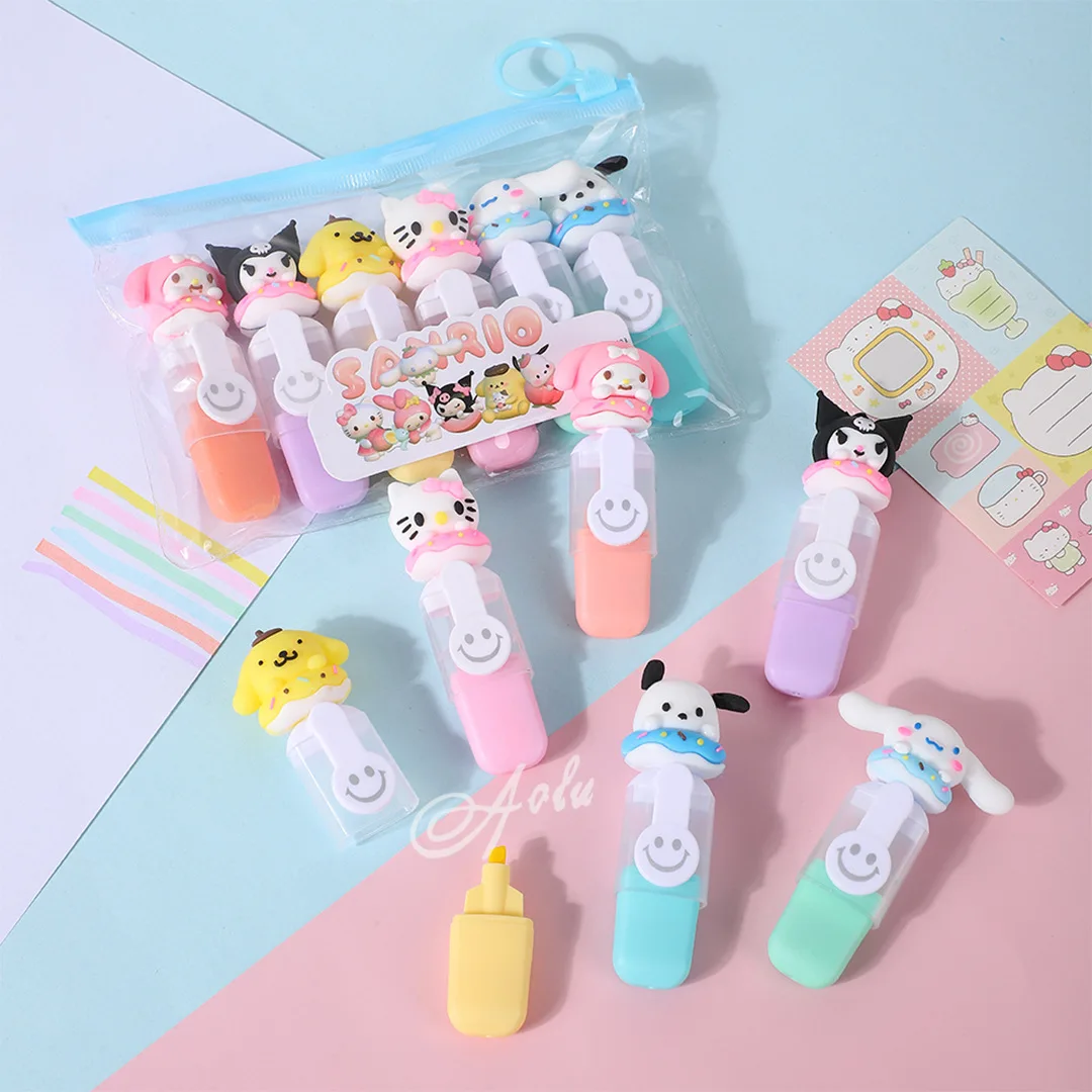 6pcs Sanrio Mini Highlighter Cartoon 6color Diy Handbook Pen Cute Student Marker Stationery Gift