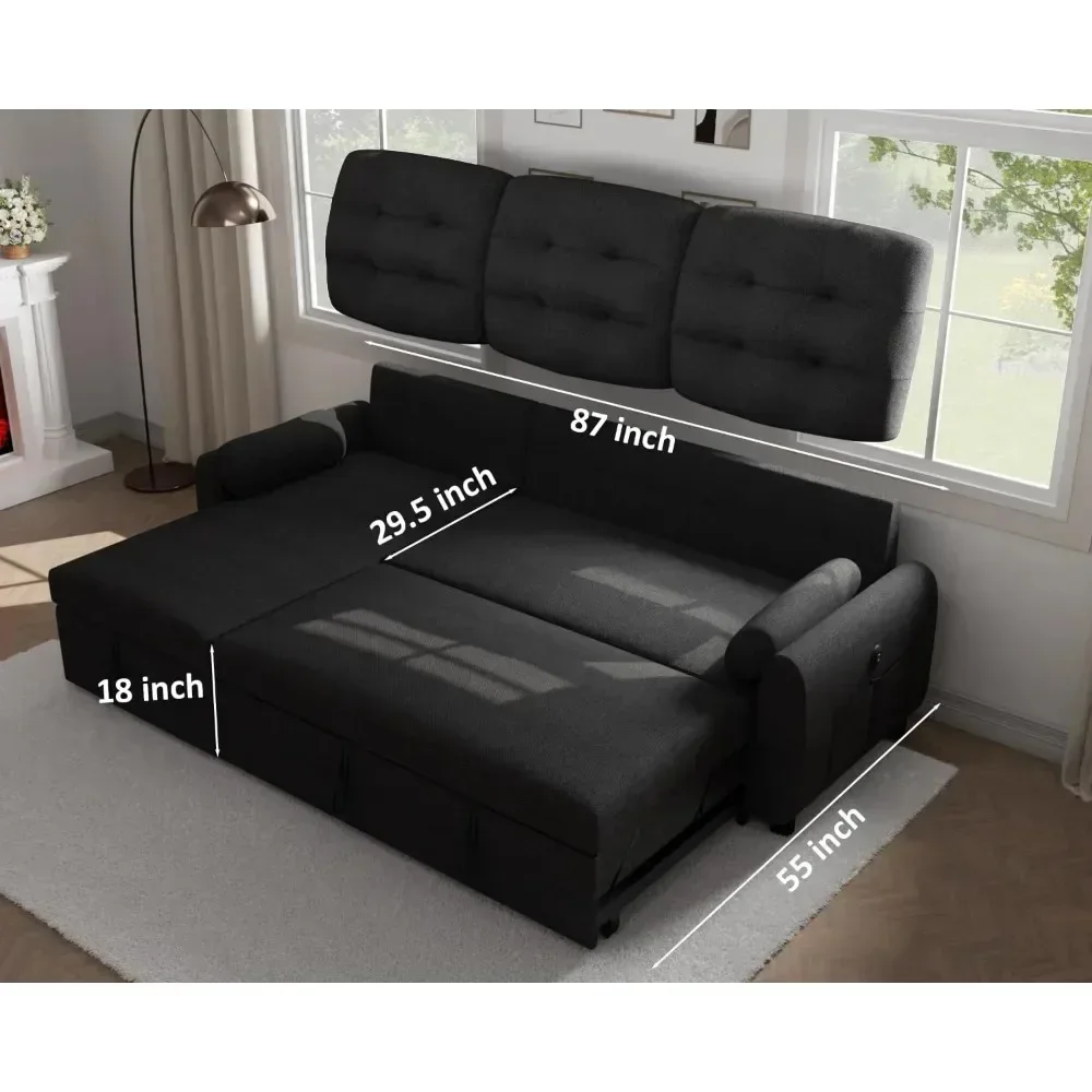 Sectional Sofa Couch 87 Inch Sleeper Bed with Reversible Storage Chaise Pull Out Couch for Living Room Side Pocket Charging