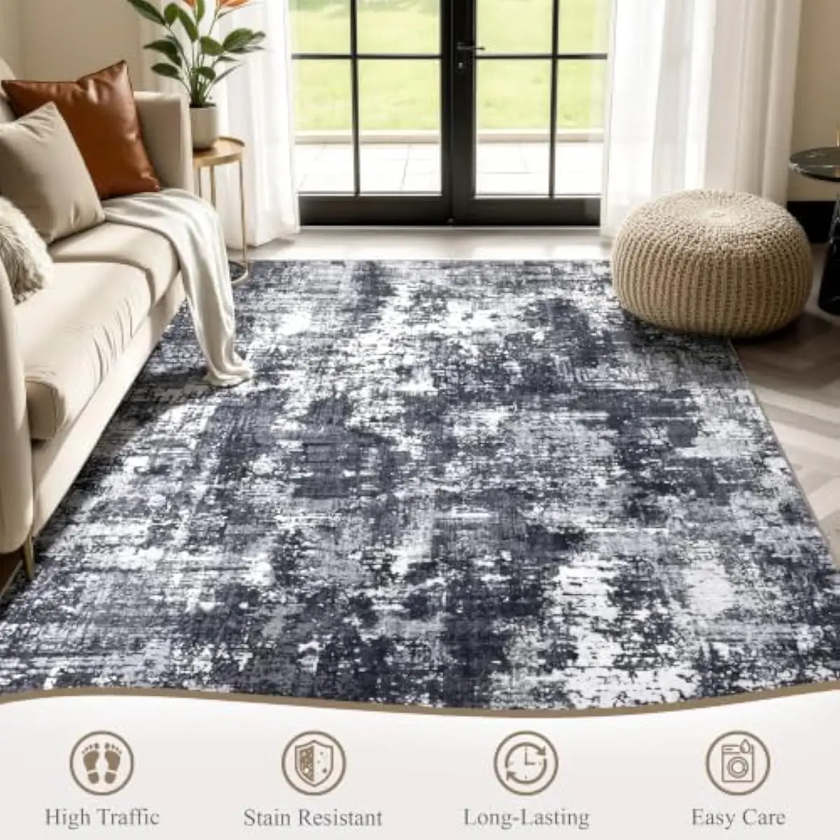 Washable Modern Abstract Large Area Rug, Ultra‑Soft Faux Wool Low Pile Non‑Slip Thin Lightweight Carpet for Living Room Bedroom Dining Room