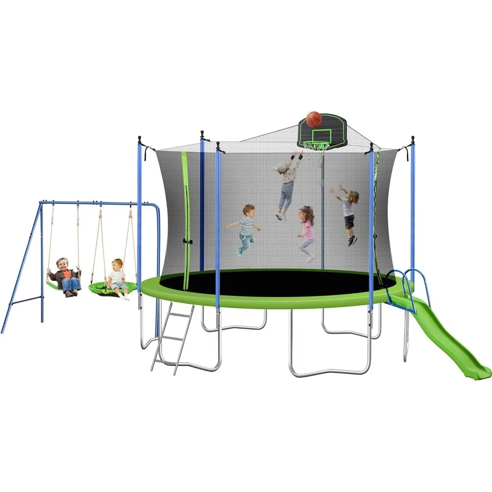 14FT Outdoor Trampoline with Swing, Slide, Basketball Hoop, Safety Enclosure and Ladder,  for Kids and Adults