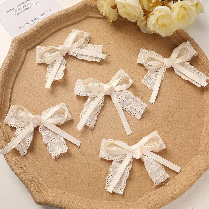Ivory Lace Bowtie Fabric Bow Lace Trim Patch Applique 20pcs Vintage DIY Wedding Wreath Scrapbook Accessory
