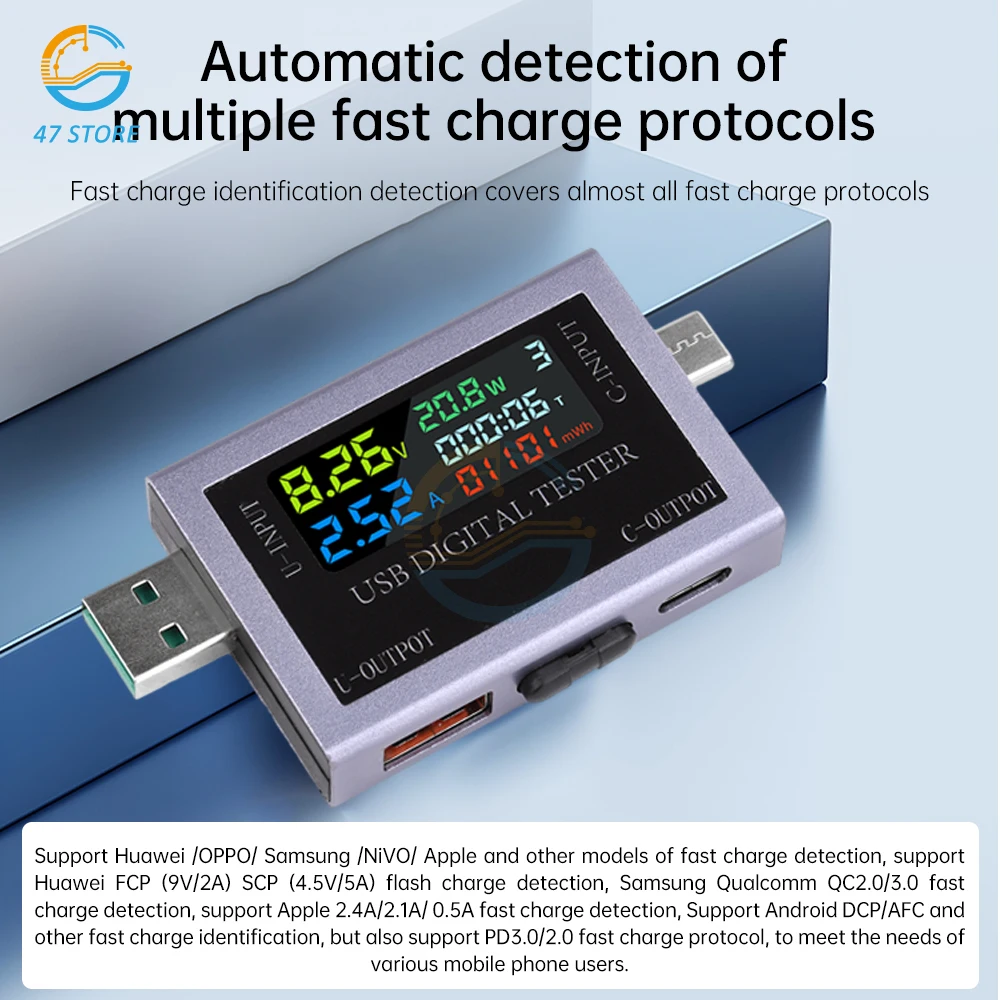 USB+Type-C Multi-function Digital Display DC Voltage Ammeter Power Meter DC 4.5~50V Voltmeter Ammeter Charger Capacity Tester