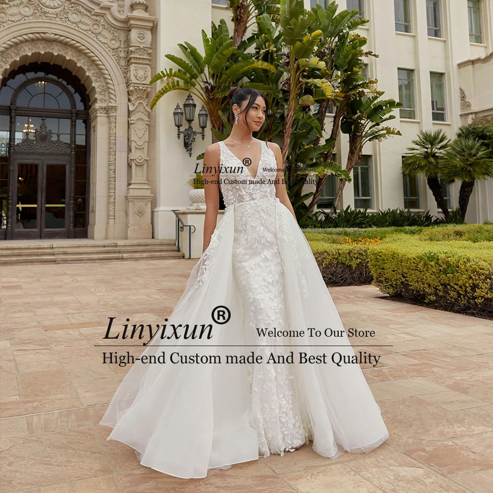 

Vintage Lace Applique Wedding Dresses V-Neck Tulle Sleeveless Bridal Gowns for Women Detachable Train Customized robe de mariée
