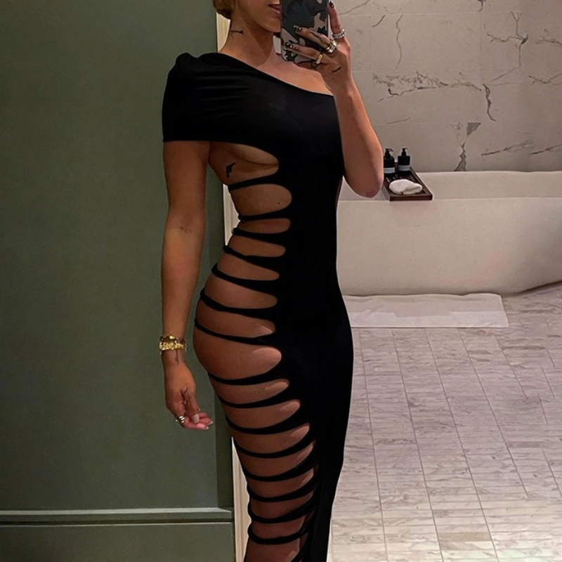 

Spring new women's clothing fashion slanted shoulder collar sleeveless solid color hollow sexy hip-wrapped Spice Girl dress