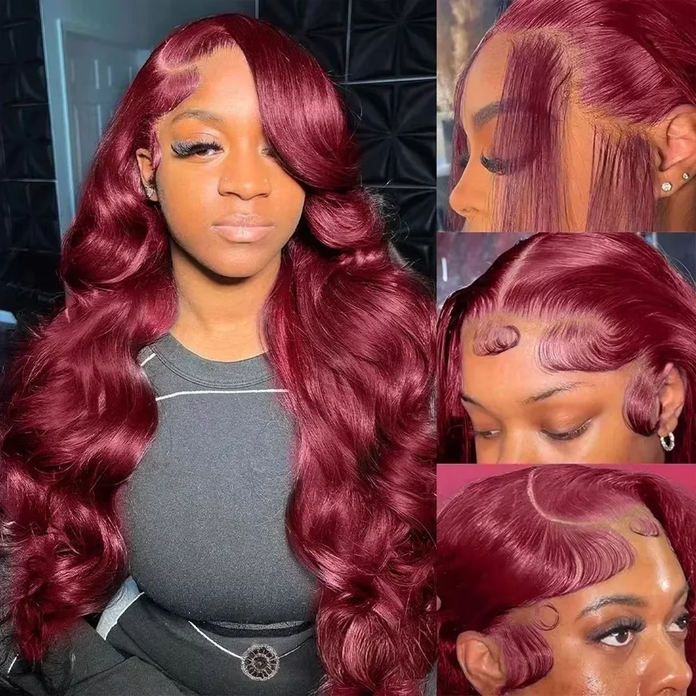 99J Red Body Wave 13x6 HD Transparent Lace Frontal Wigs Pre Plucked Brazilian 13x4 Lace Front Human Hair Wig 200% Density Burgundy 18-46 Inch Wigs For Women view 4