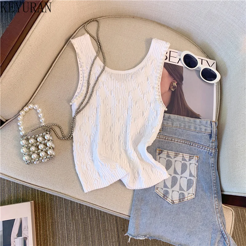 2024 Summer Pearl Beading Sleeveless Sweater Vests Women Pullover Slim Sexy Knit Tank Crop Tops Vintage Fashion Knitwear Jumper