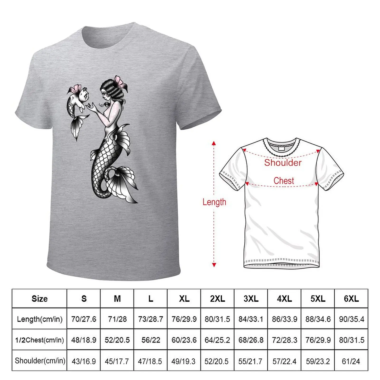 Mermaid and Cat Love Vintage Style Traditional Flash Tattoo T-shirt boys whites anime clothes mens cotton t shirts