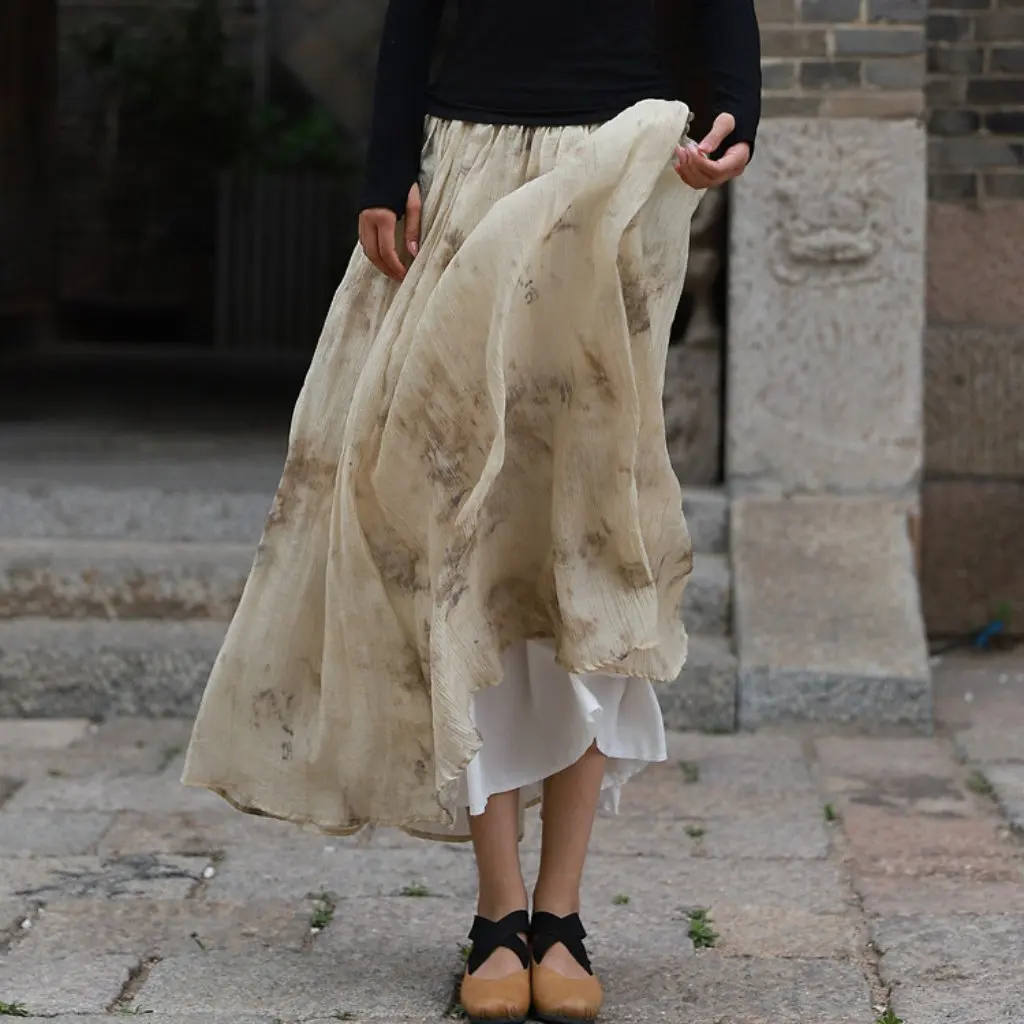 

Retro Artistic Tie Dye Ink Print Skirt for Women Summer Homemade Plant Dye Large Swing All-match Half Skirt