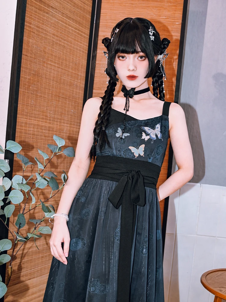 Novo estilo chinês impressão suspender saia feminina verão dupla camada chiffon vestido solto