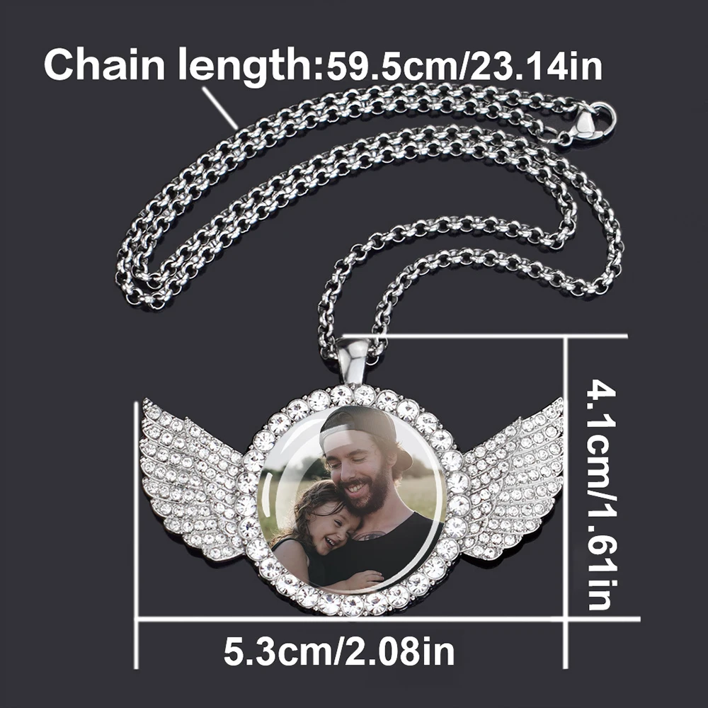 Custom Images Pendants Angel Wing Rhinestone Glass Pendant Necklace Personalized Photo Picture Hiphop Rock Jewelry Souvenir Gift