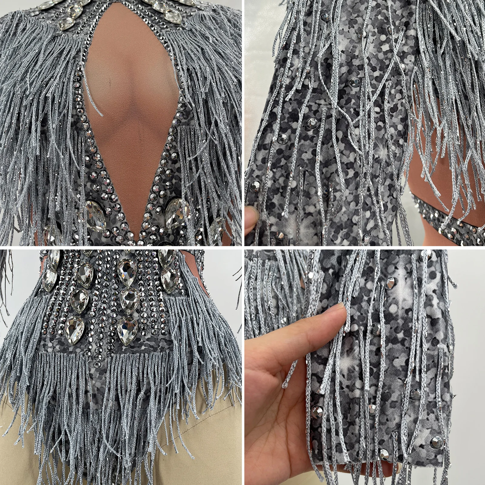 ชุดบอดี้สูทแขนยาวประดับคริสตัลสีเงินแวววาวสำหรับงานเต้นรำละตินปาร์ตี้ไนท์คลับวันเกิด