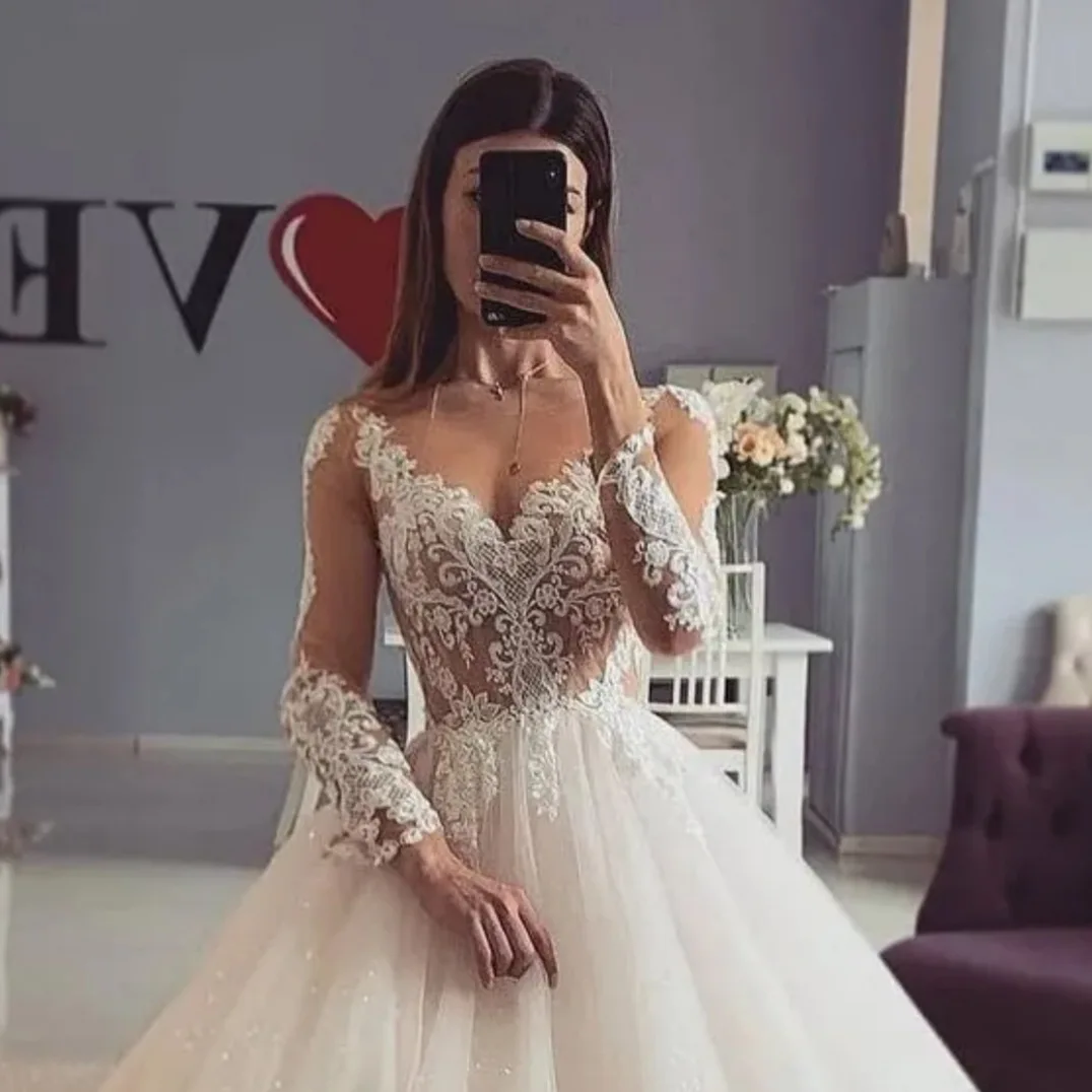 فستان زفاف كلاسيكي على شكل حرف a رقبة شفافة وأكمام طويلة دانتيل زينة تول الأميرة زي العرائس بوهو حديقة فيستدوس دي نويفا