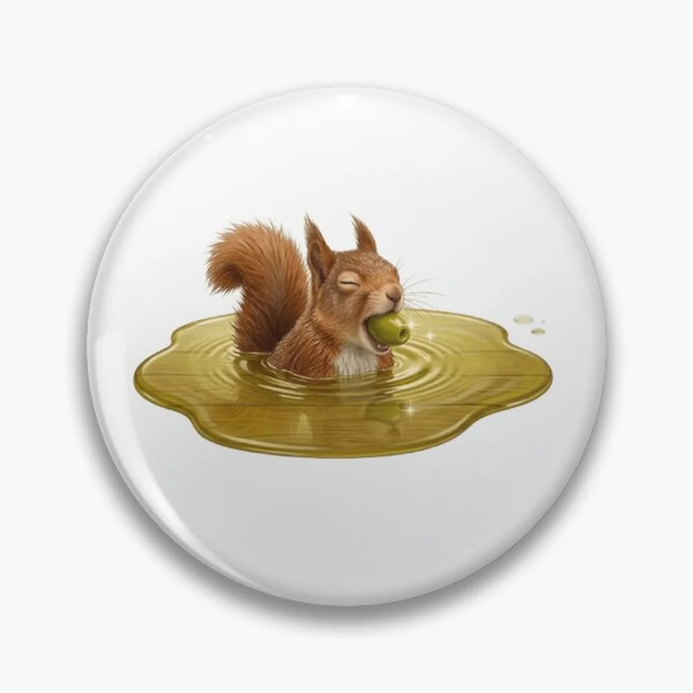 Funny Squirrel Swimming in Olive Oil Cute Whimsical Animal Pin Holographic Star Heart Pin Brooches Laminated Button Fashion Acce