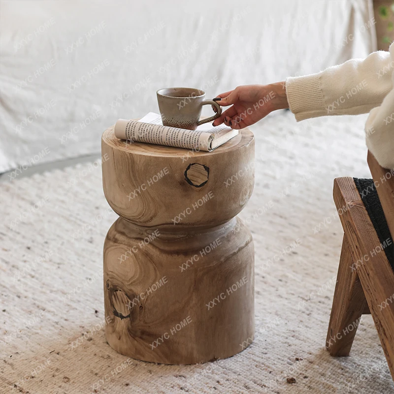 Wabi-sabi Japan Style Wooden Side Table for Living Room Handcraft Household Solid Wood Round Coffee Table Vintage Home Funiture