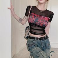 Sexy Mesh Tops Woman Black Slim Splicing Printing Polyester T Shirt for Women Korean Clothing Tee Japanese Vintage Fashion Style
