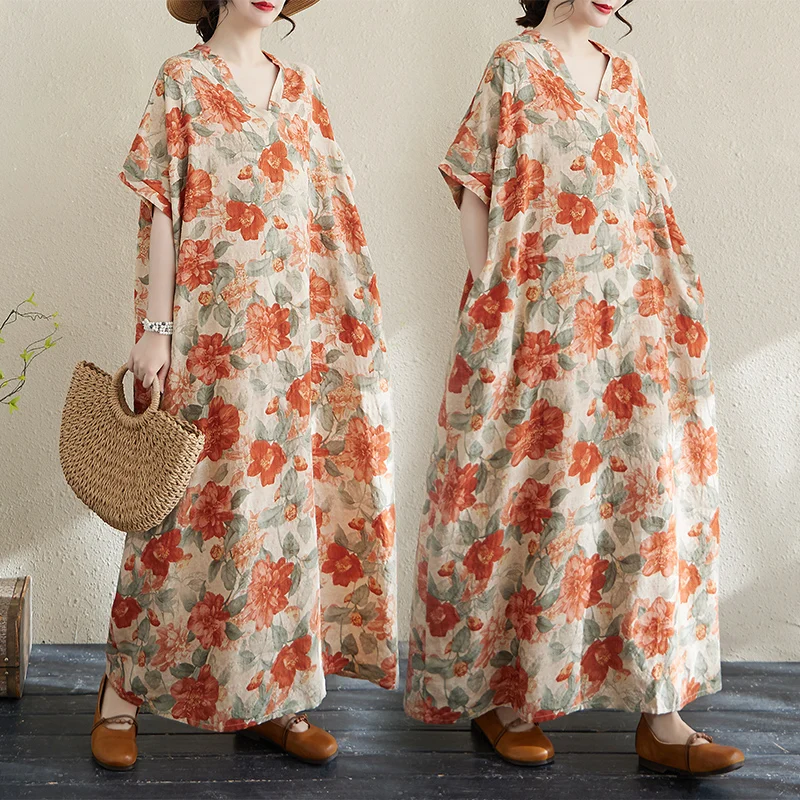 

Summer New Cotton Linen Print V-neck Loose plus Size Simple Holiday Style Long Dress Women Beach Skirt Thin A-line Dress