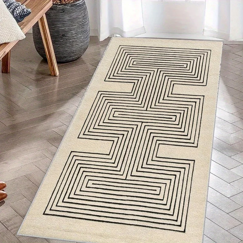 Modern Boho Line Arch Floor Runner Mat Cream Tone Curved Geometric Art Decor Rug for Indoor Home Entrance & Living Corridor
