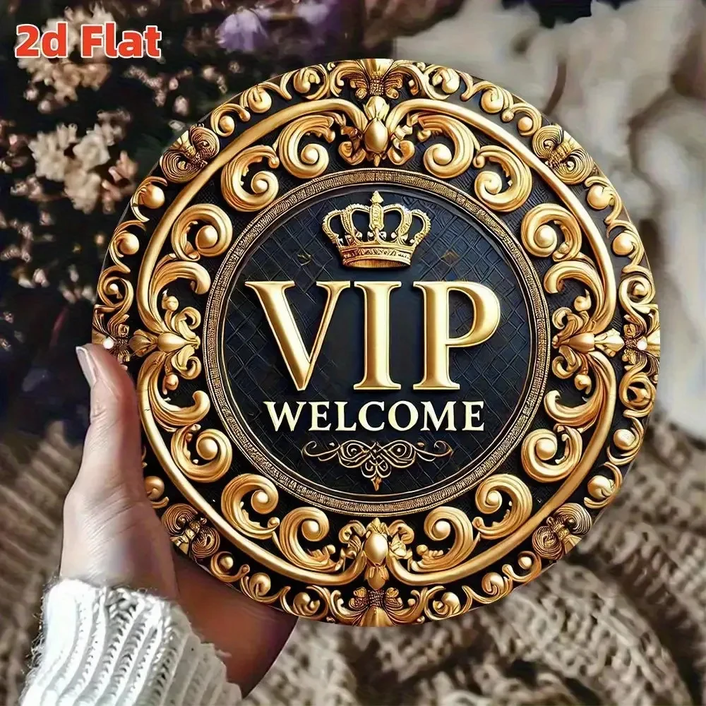 2D Flat, Luxury Vip Welcome Sign - Large Gold and Metal Decorative Sign for Front Door, Gorgeous Wall Decoration for Office