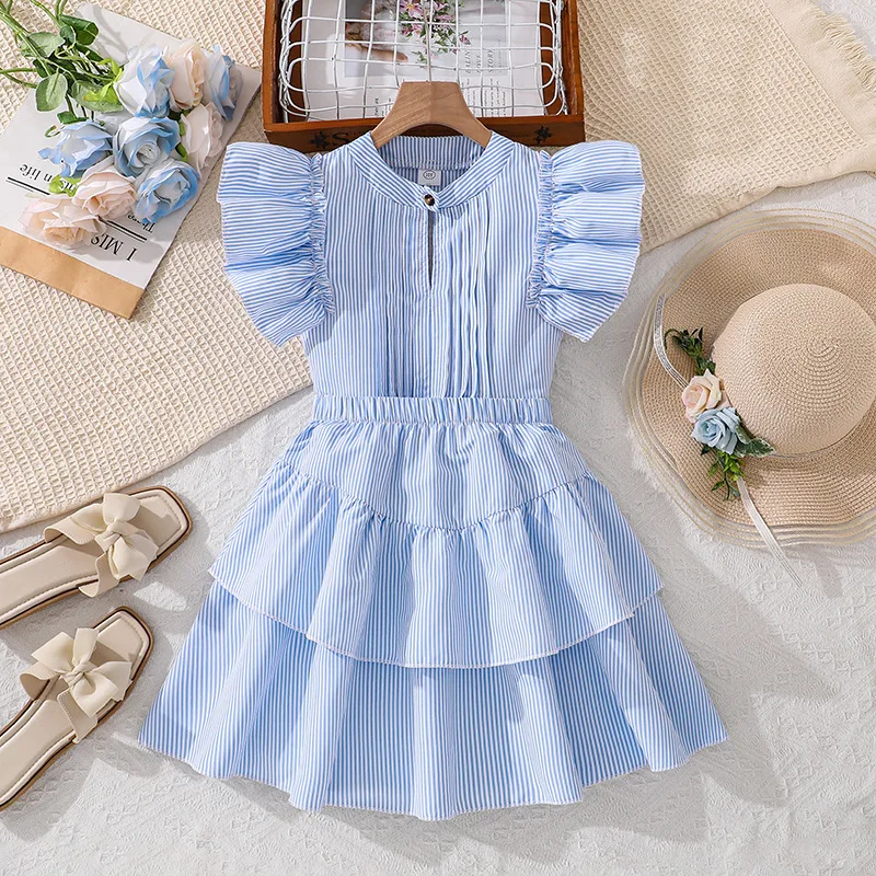 Girls' Set Children's Outfit Summer New British Style Style Flying Shoulder Sleeves Chest Pleated Shirt Lace Skirt