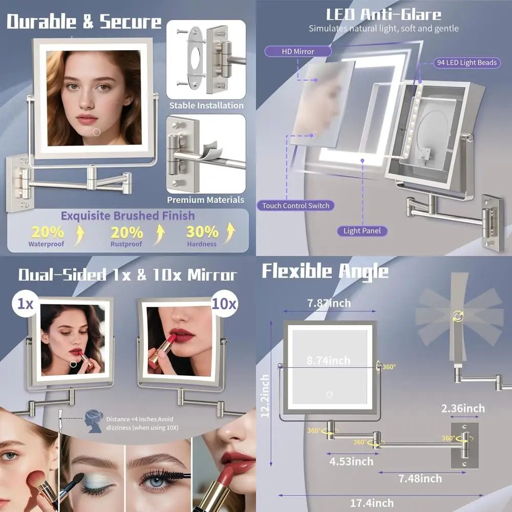 مرآة مكياج مضيئة بإضاءة LED على الوجهين، قابلة لإعادة الشحن بقدرة 4000 مللي أمبير في الساعة، تكبير 1X/10X، قابلة للتعتيم باللمس 360 درجة ° ذراع دوار للخفافيش #1