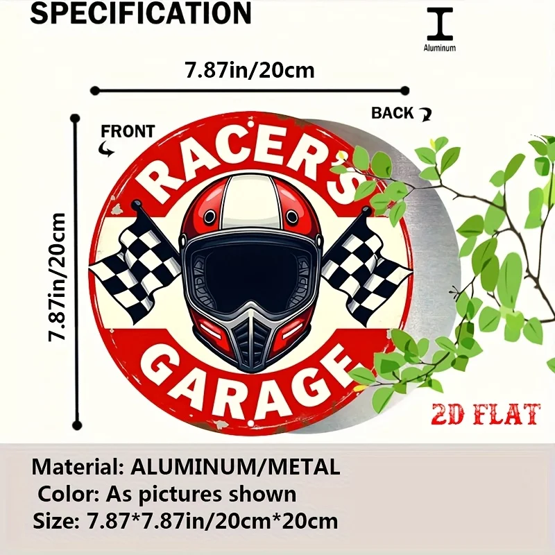 2D Flat 1pc Vintage Metal Sign Old-Fashioned Sign with A Racing Flag And Helmet, RACER's GARAGE Retro Fonts Retro Vintage Look W