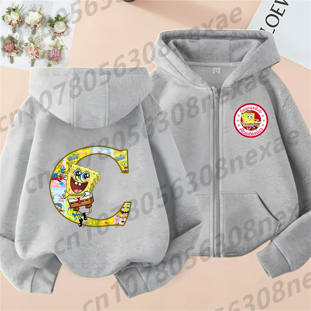 سبونجبوب-هوديي مطبوع بنمط هاراجاكو للأطفال ، سويتر بسحاب ، معطف رياضي ، 26 حرفًا إنجليزيًا
