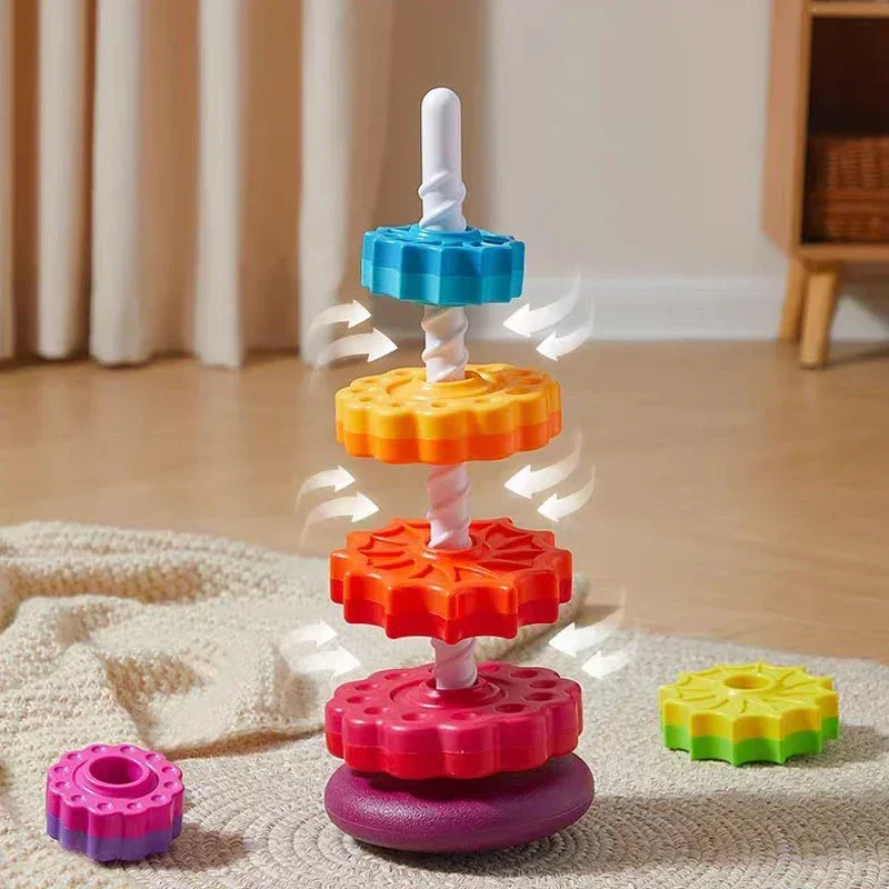 Cognition rainbow spinning tower toy funny early education geometric ring stacking block Sensory Toys for Toddler