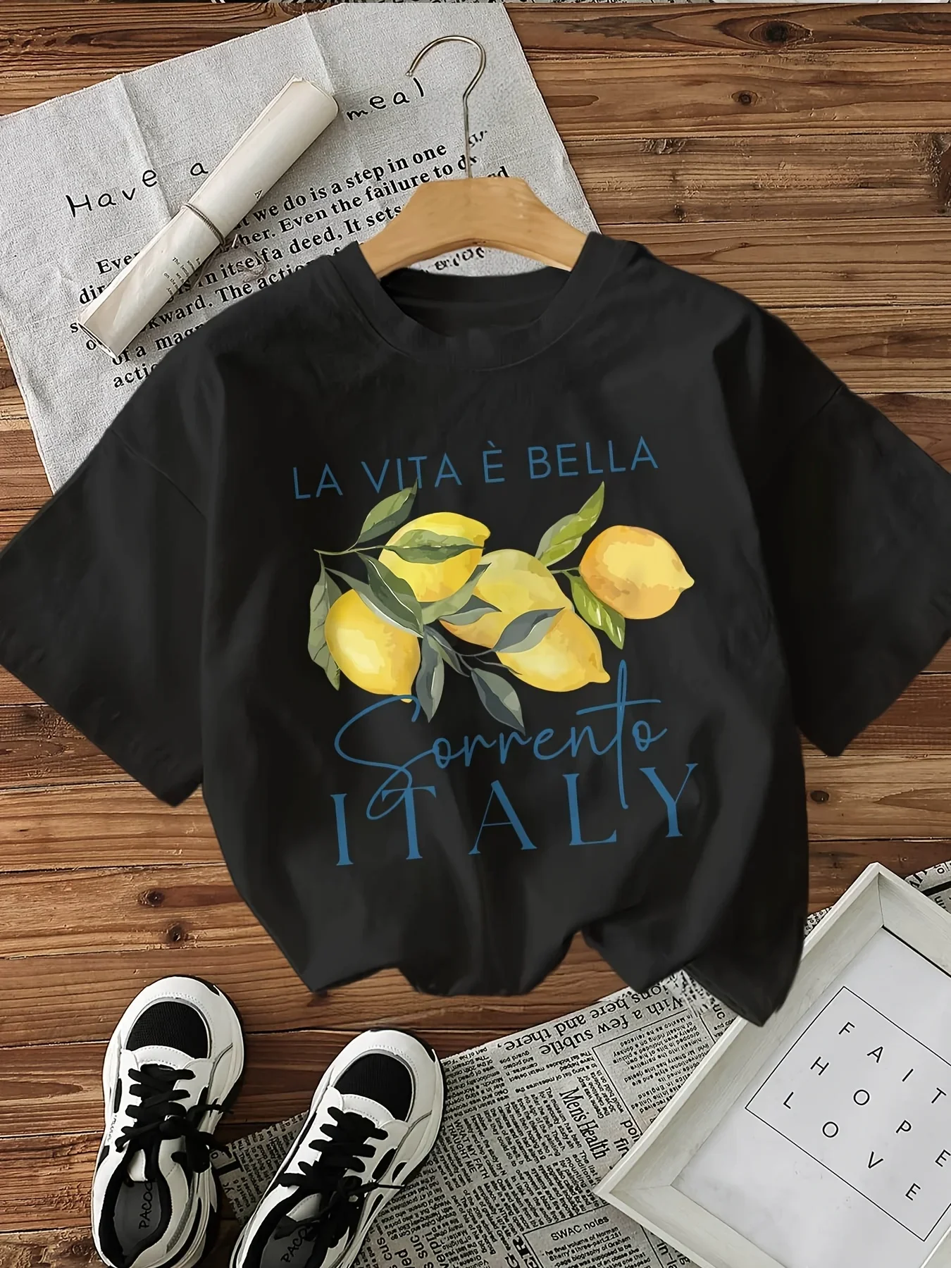 Kids Watercolor Lemon Sorrento Italy Print T-shirt Pure Cotton Short Sleeve La Vita È Bella Vacation Tee Unisex Boys Girls Tops