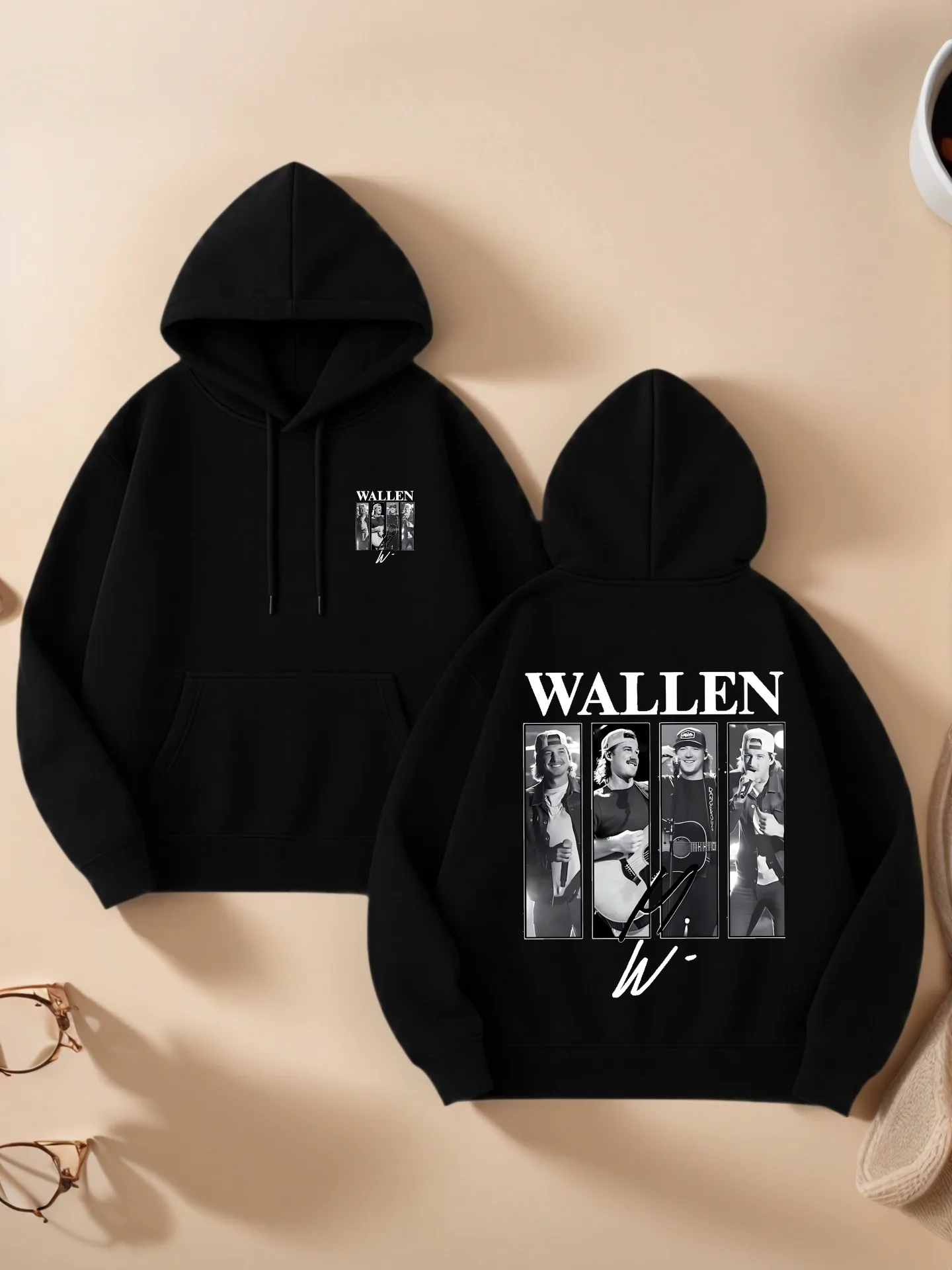

Wallen Graphic Print Essential Hoodie, Vintage Aesthetic, Fleece, Casual Everyday Wear, For Men