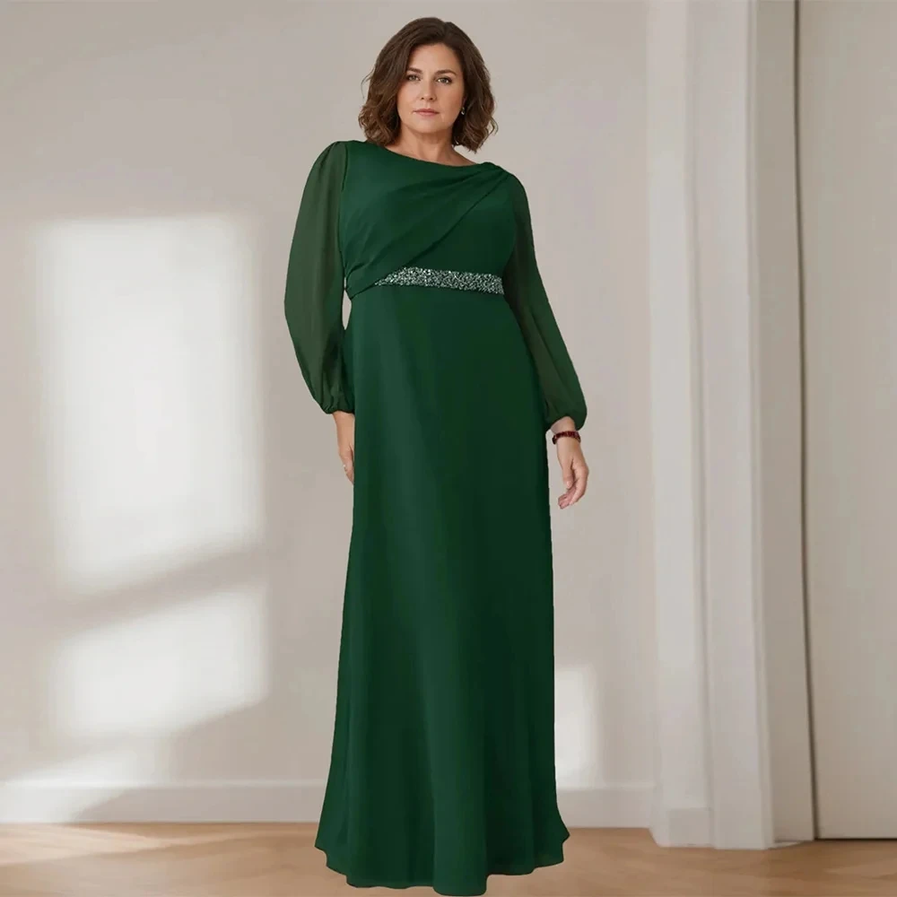 

Dark Green Mother of The Bride Dress 2026 Puff Sleeves Scoop Beading Belt A Line Chiffon Wedding Guest Party Gown Plus Size