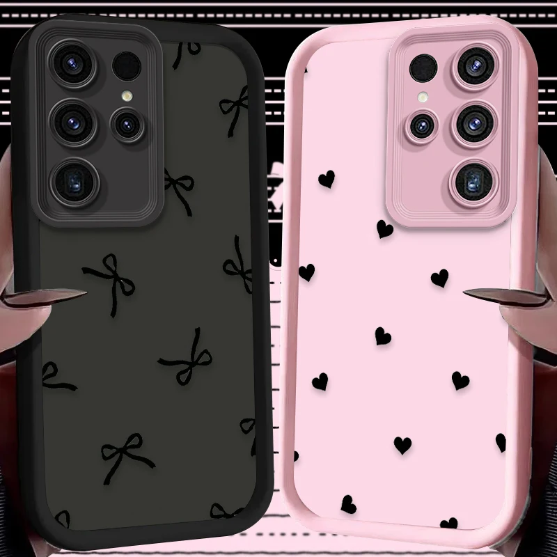 Cute Black Small Love Heart Bow Case For Samsung Galaxy S26 S25 Edge S24 S23 Ultra S22 Plus S21 FE A07 A17 4G A37 A57 5G Cover