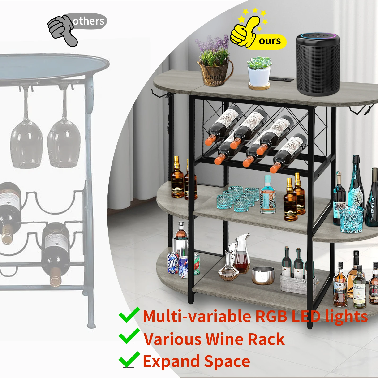 LED Light Wine Rack Table with Outlet Metal Coffee Bar Cabinet Gray