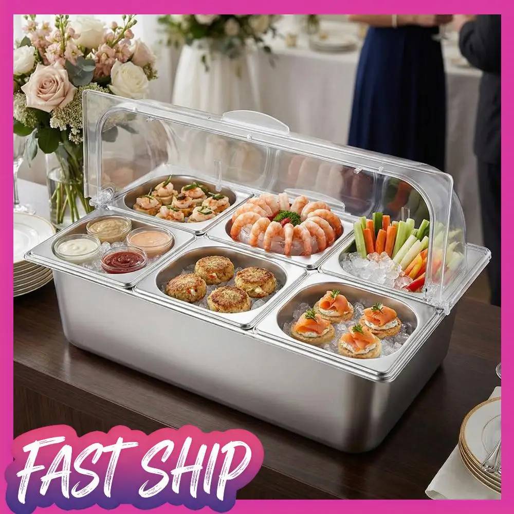 

6 Pan Countertop Food Serving Display Container with Clear Roll Top Cover Serving Tray for Restaurant Hotel Kitchen Party