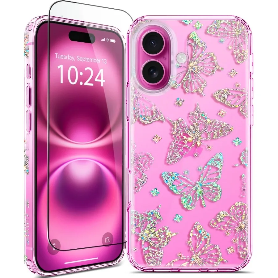 아이폰 16용 투명 글리터 보호 케이스 (스크린 보호필름 포함) 군사 등급 10피트 낙하 방지 디자인 반짝이 크리스탈