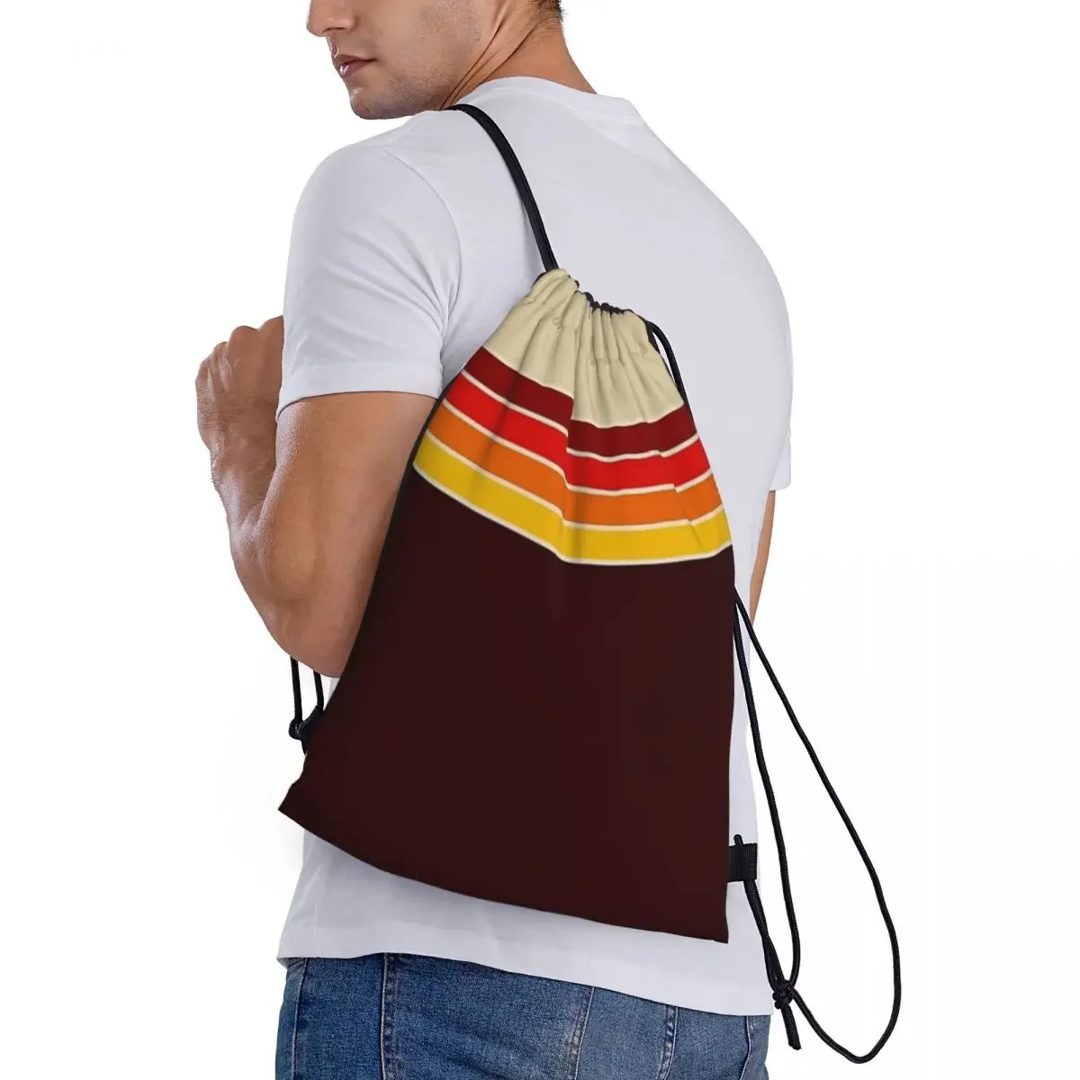 70s Vintage Retro Stripes Portable Sports Bag Thicken Drawstring Belt Riding Backpack Gym Drawstring Shoes Bag