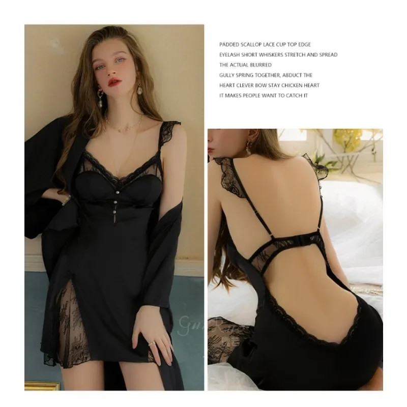 Satin deep V with chest cushion, sweet lace fly sleeve suspender, sleeping dress, outer robe, women's home clothing set