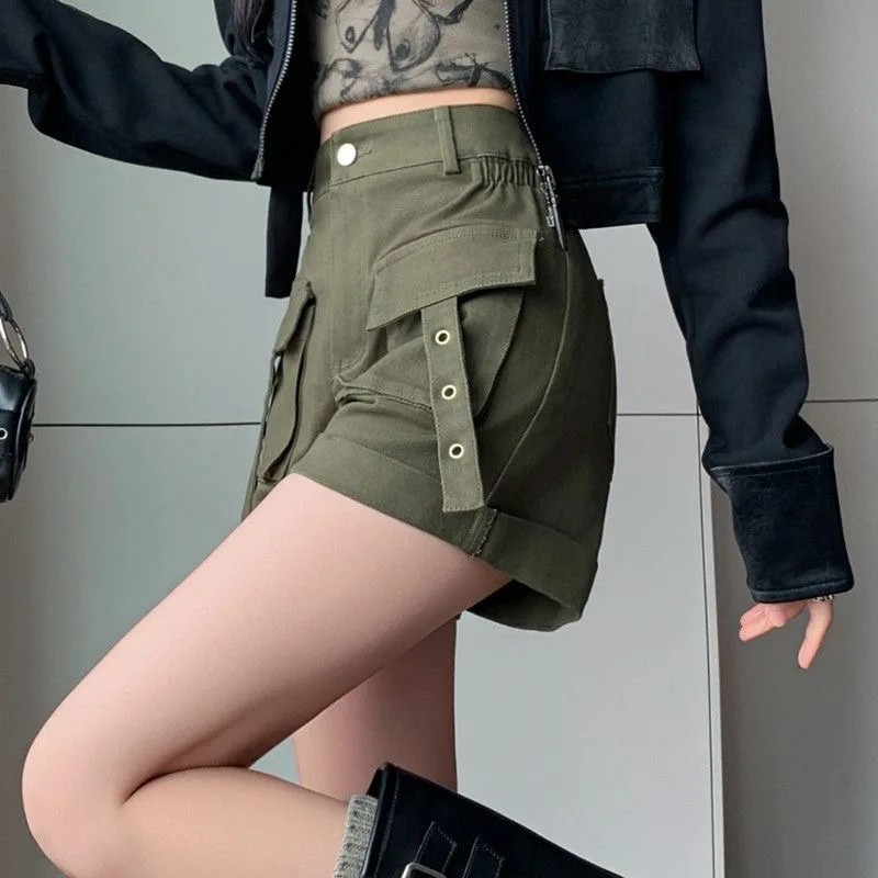 Safari Style Hotsweet Girl Jean Shorts New Retro Three-dimensional Pocket Women Shorts Chic Design High Waist Short Pants Womens