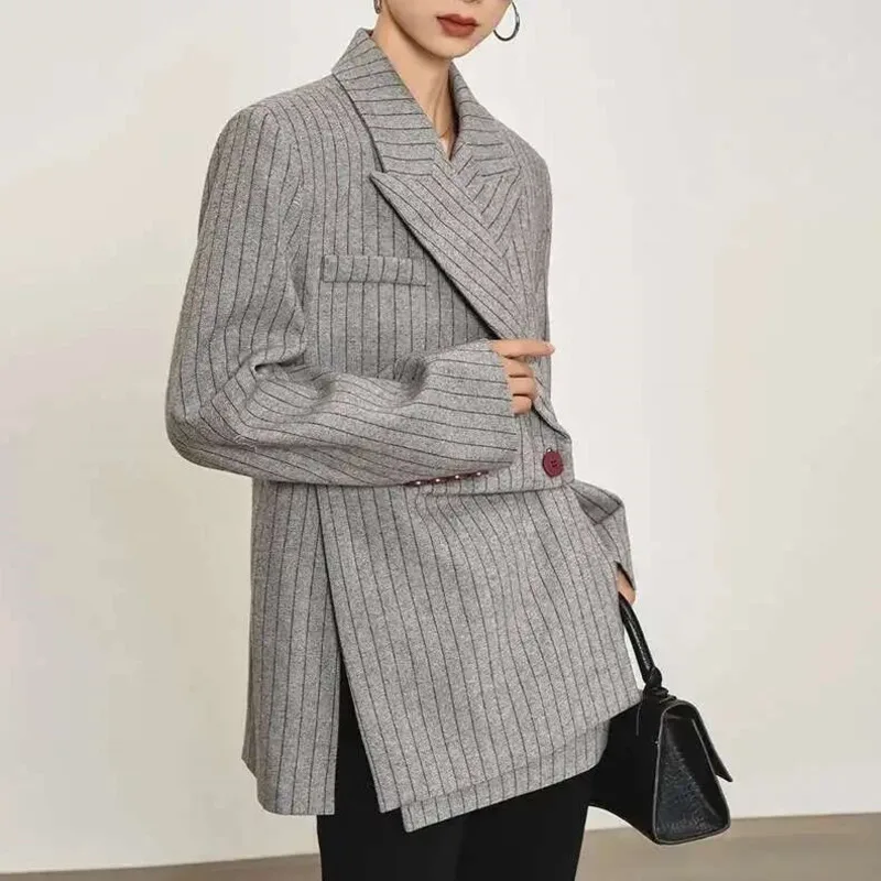 HKSH Blazer Voor Vrouwen Herfst Nieuwe Gestreepte Asymmetrische Ontwerp Notched Lange Mouw Taille Cinching Elegante Kantoor Dame Jas HK10855