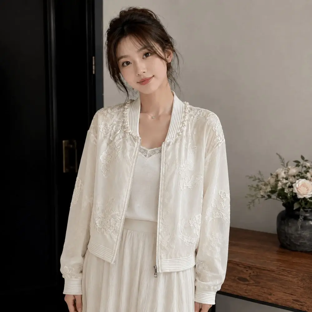 Chinese Style Beading Embroidered Sunscreen Jacket Long Sleeve Casual Baseball Outwear Round Neck Zipper Coat Tops for Women