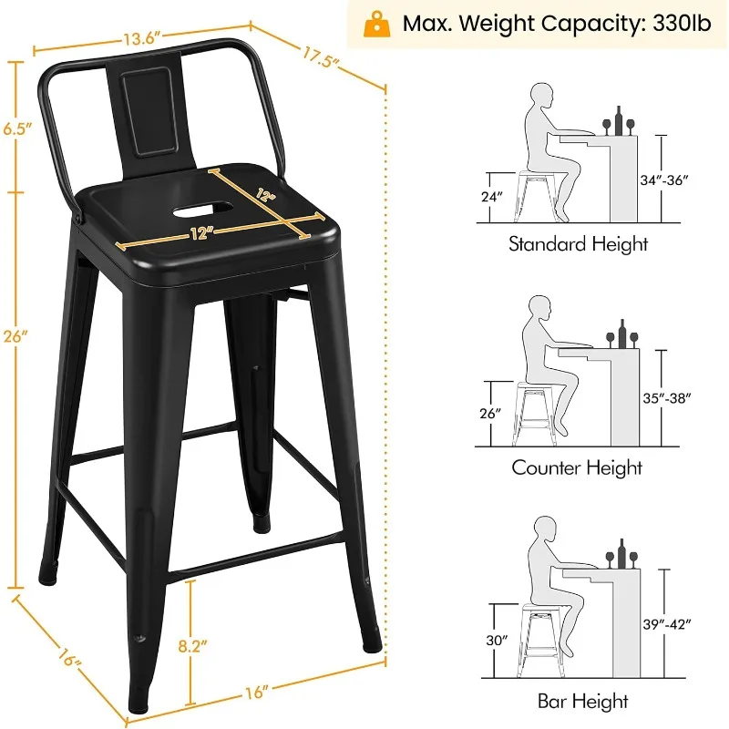 Ensemble de 4 tabourets de bar en métal de 26 pouces avec dossier bas, pour cuisine intérieure et extérieure, chaises industrielles modernes