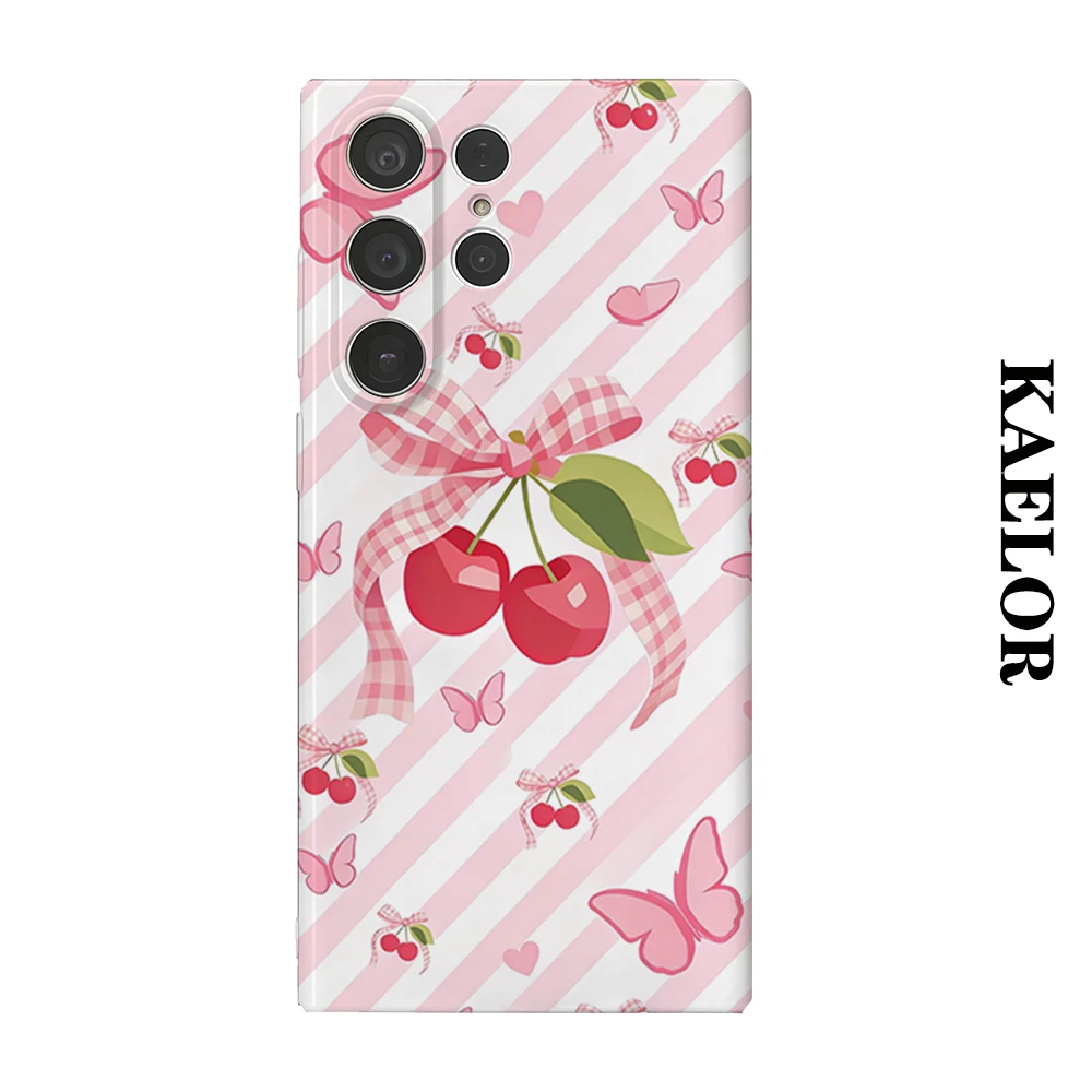Pink Stripe Cherry Durable Shiny Double-layer Case for Samsung S26 Ultra S25 S24 S23 Plus Anti-drop Scratch Resistant Cover