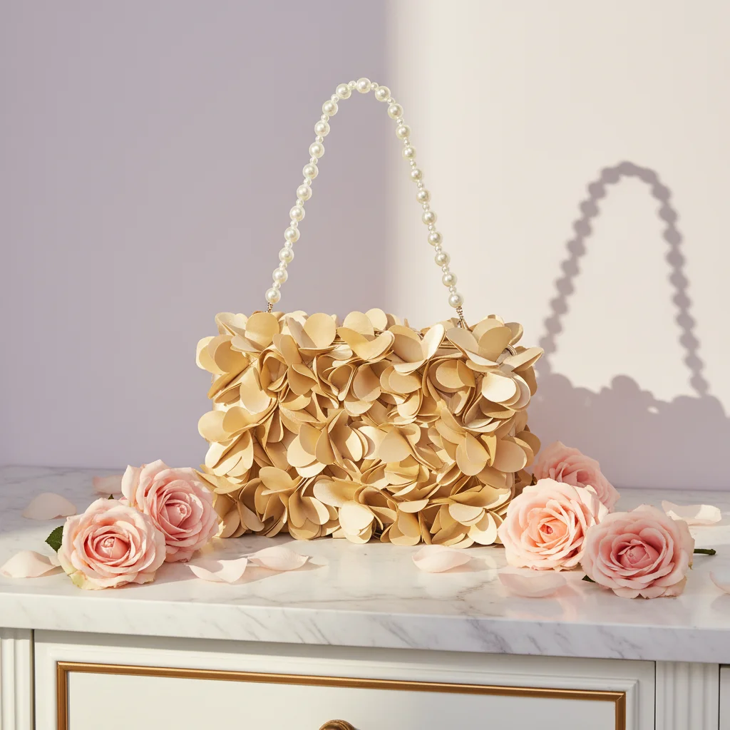 

2026 New Petal Evening Bag Featuring a Pearl Chain-embellished Hardware Clasp Party Bag Luxurious Women's Dinner Bag