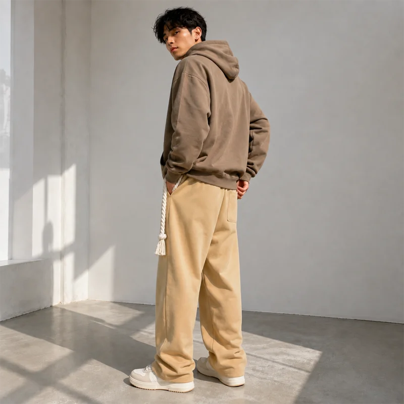 Men's Wide Leg Pants Khaki Baggy Trousers Rope Belt Elastic Waist Chinese Character Graphic Loose Fit Casual Streetwear