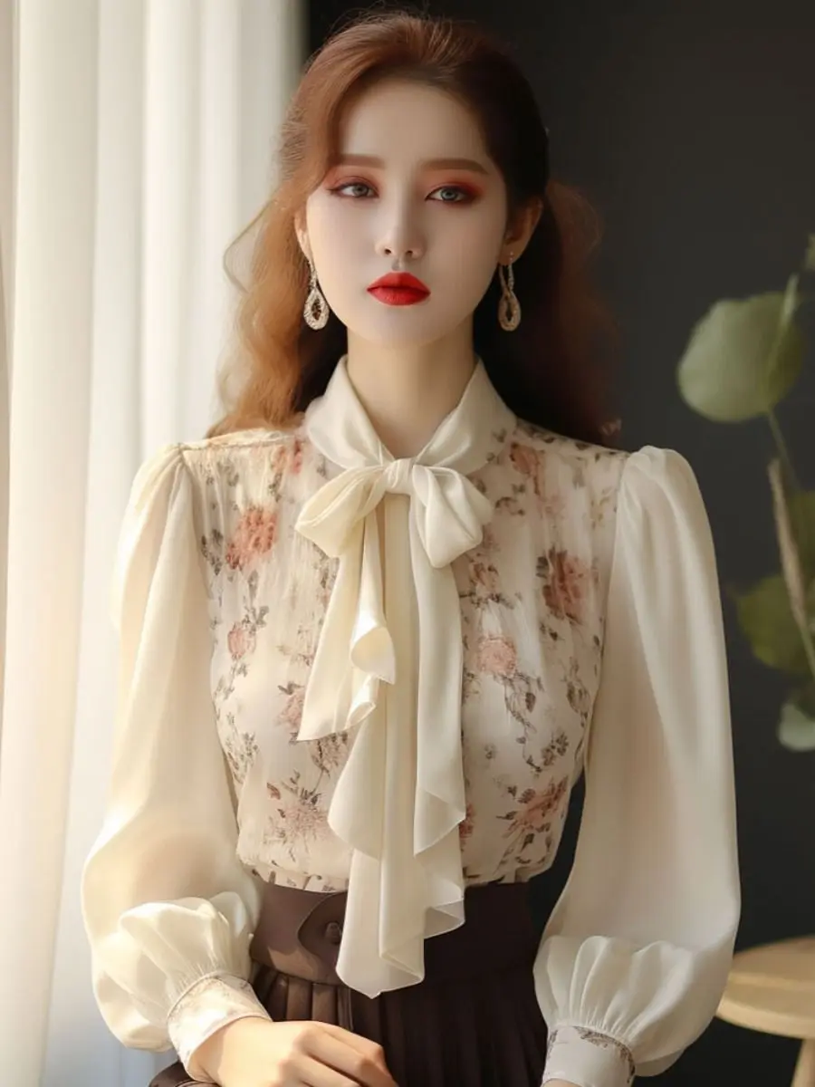 Korejpaa French Style White Shirt Elegant Bow Lace Up Floral Printed Blouse Women Elegant Long Sleeve Top Blusas Femininas