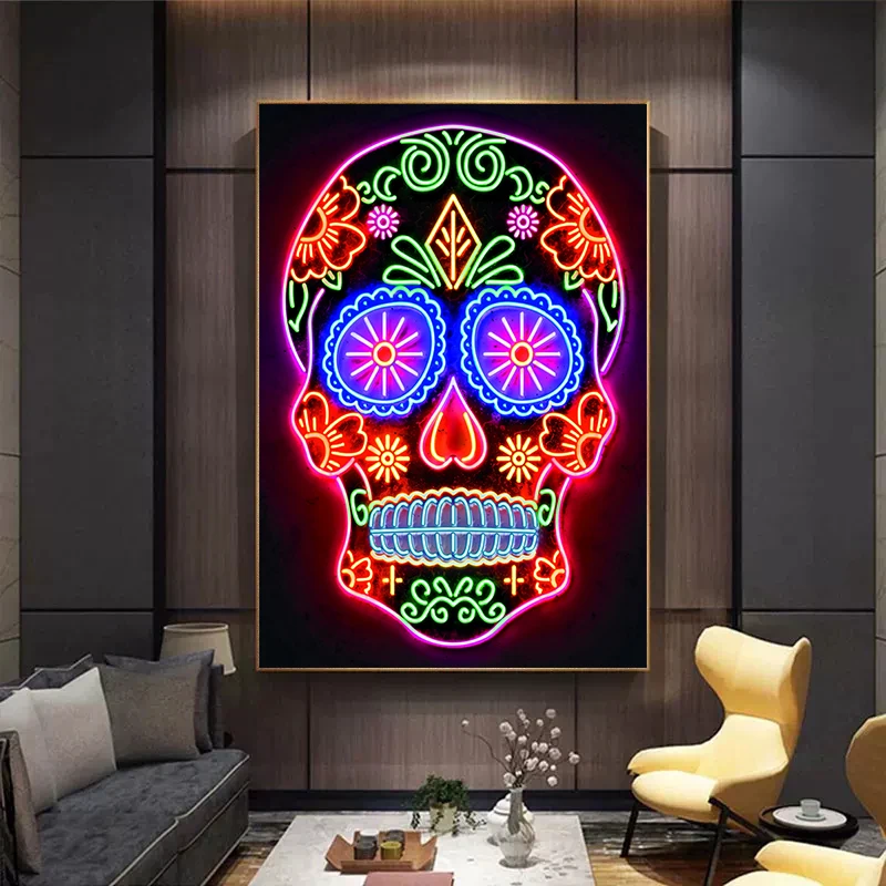 Abstract Neon Effect Colorful Skull Head Poster Canvas Painting Day of The Dead Pop Street Wall Art Picture for Bar Room Decor